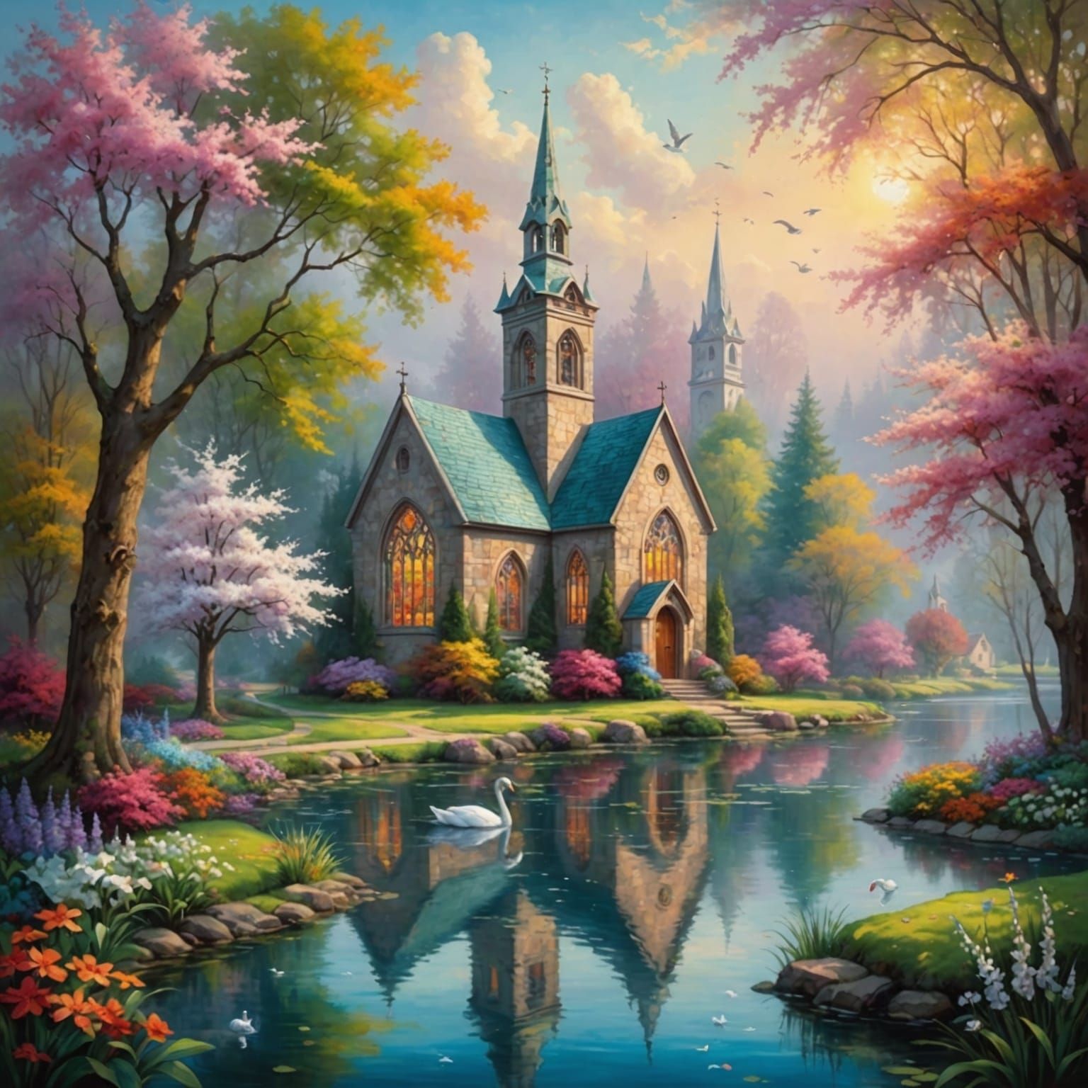 Picturesque Country Church with Stained Glass Windows