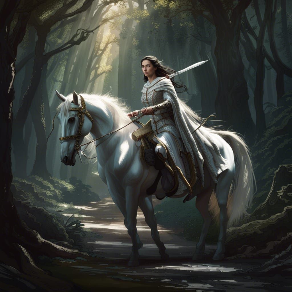 Arwen in Elfish Armor on White Horse