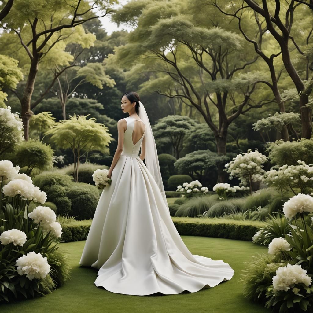 Minimalist Mikado Silk Wedding Dress in Garden Setting