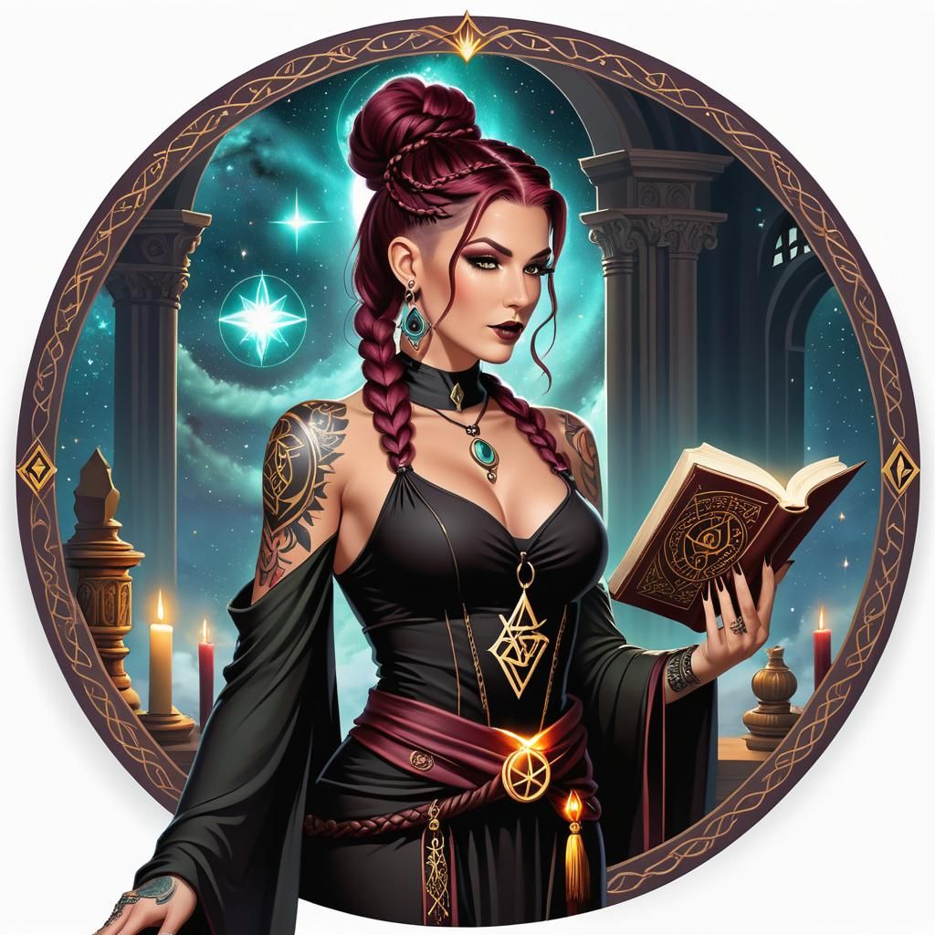 Elegant Wiccan Woman with Magical Altar Illustration