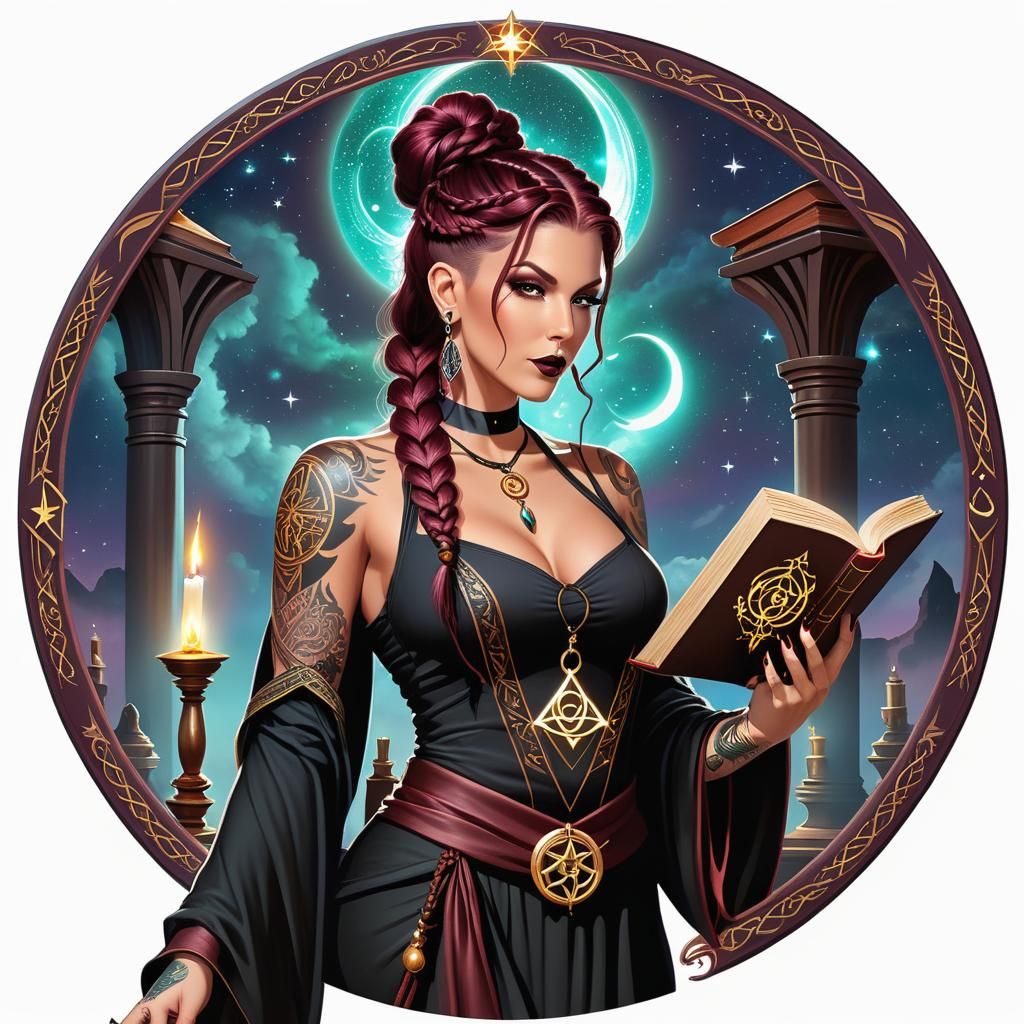 Elegant Wiccan Woman with Magical Book Illustration