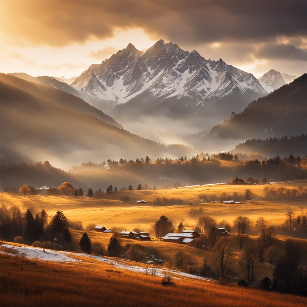 Golden Hour Mountain Peaks in National Geographic Style