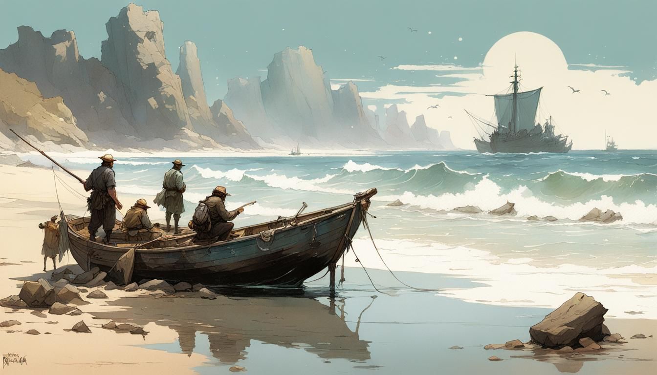 Beach Fishermen in Detailed Manhwa Style