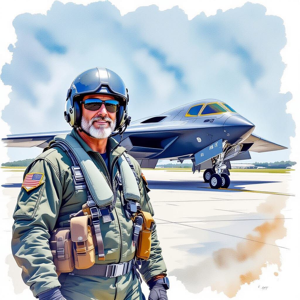 USAF Pilot and B2 Bomber in Watercolor Style
