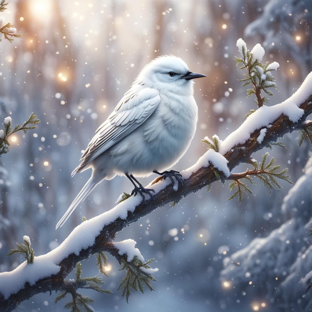 White Bird Singing on Snowy Branch in Matte Painting
