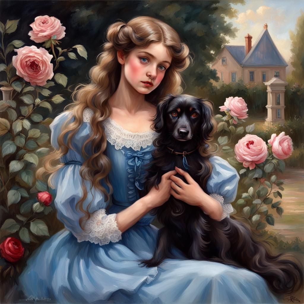 Girl in Edwardian Dress with Dog, Painted Portrait