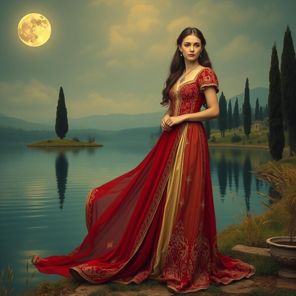 Italian Woman in Renaissance Dress by Moonlit Lake
