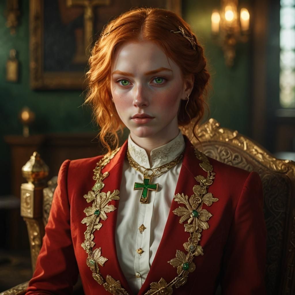 Ginger Girl Portrait with Cross, Hyperdetailed Lighting