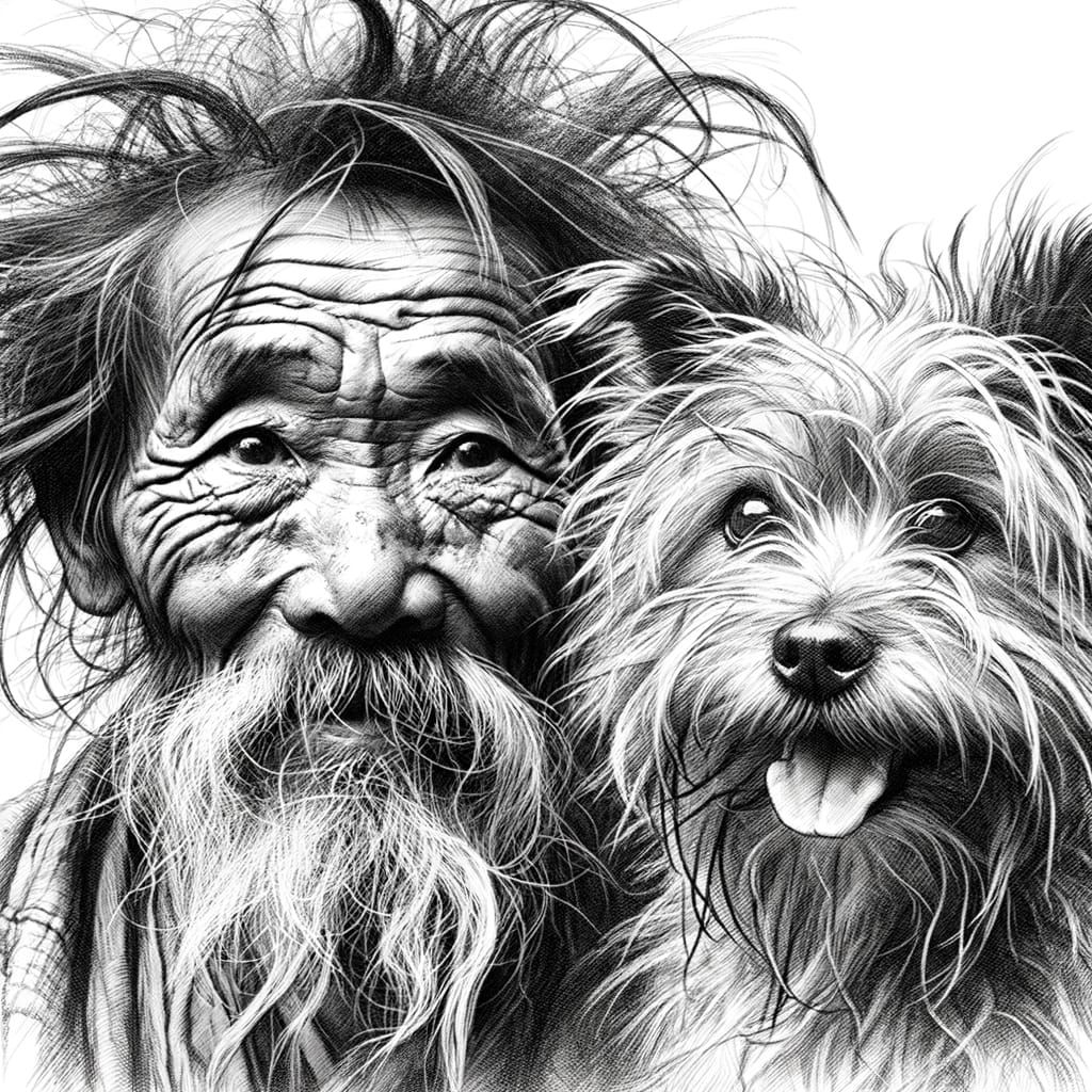 Scruffy Old Man and Dog in Pencil Sketch Style