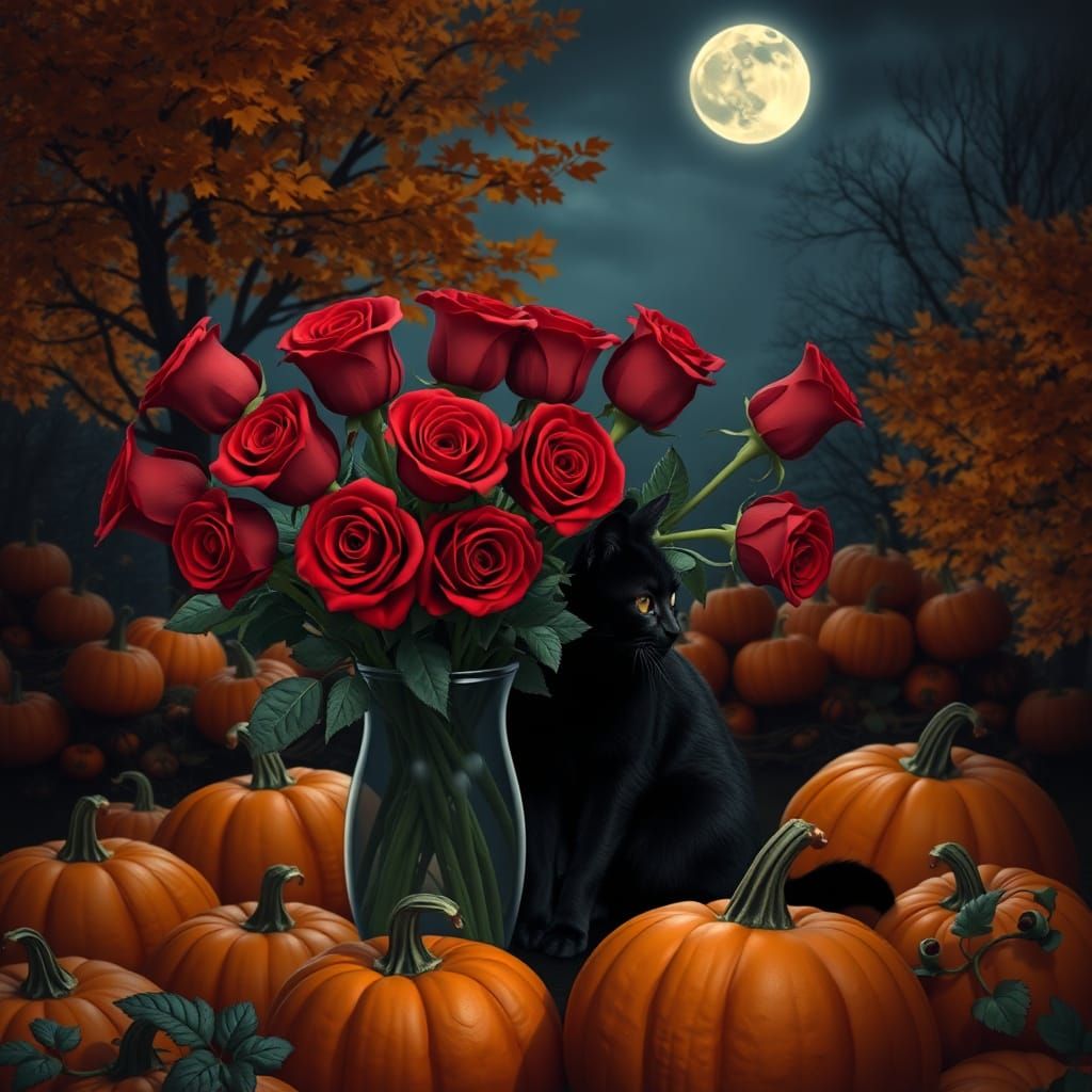 Black Cat & Roses on Moonlit Autumn Night