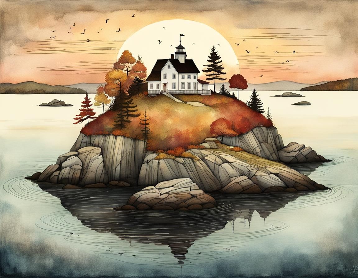 Maine Island in Autumn: Stylized Pen and Ink Art