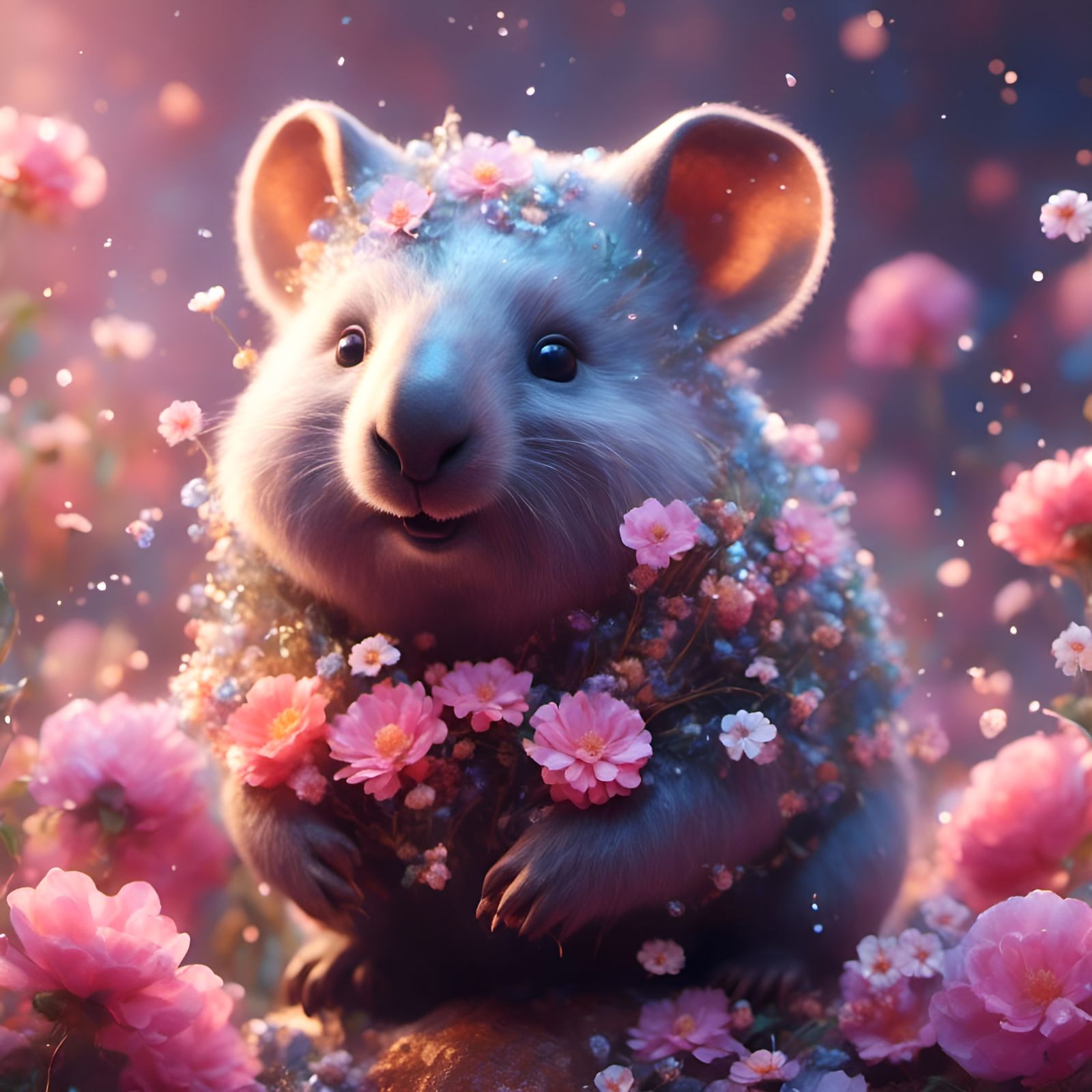 Pastel Fantasy Wombat with Flowers, Cute Mystical Creature