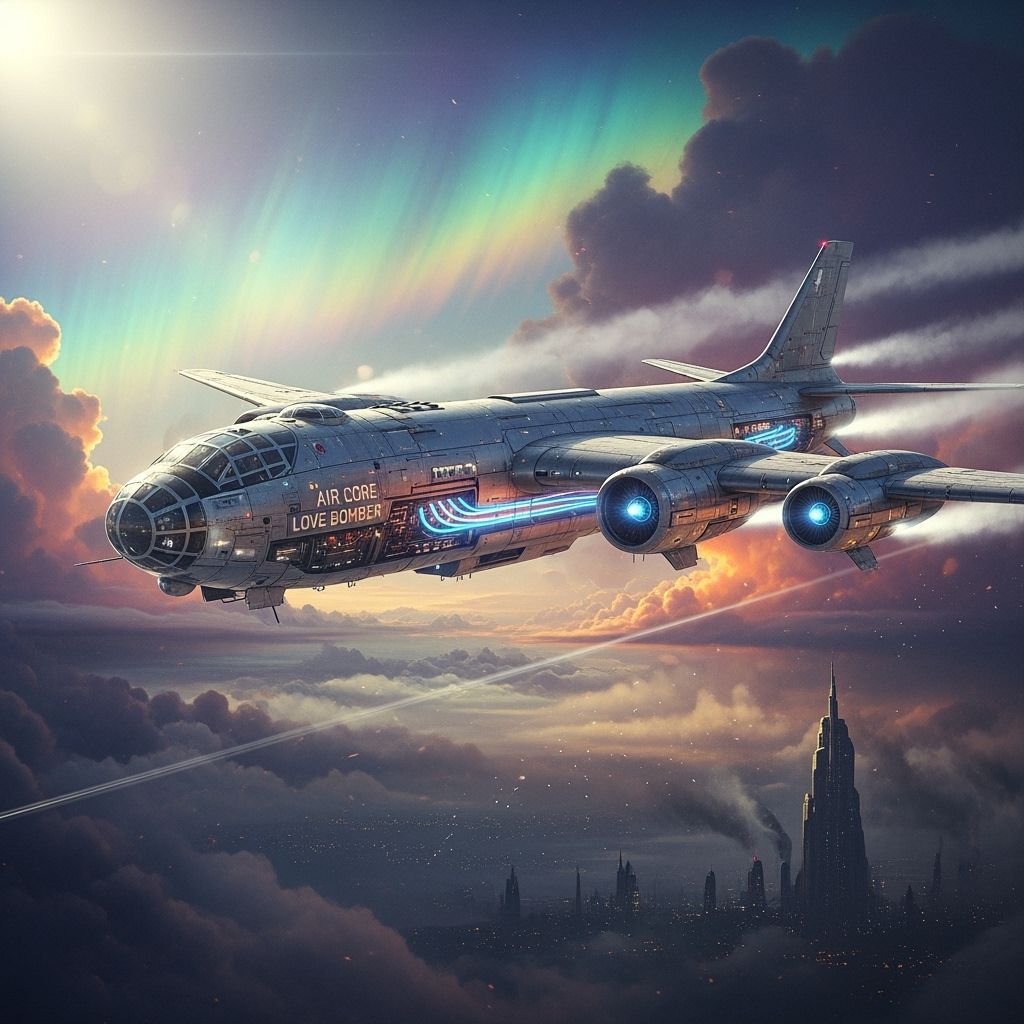 Retro-Futuristic Air Core Love Bomber Soaring Through Irides...