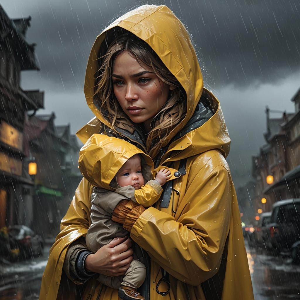 Baby and mother in the rain