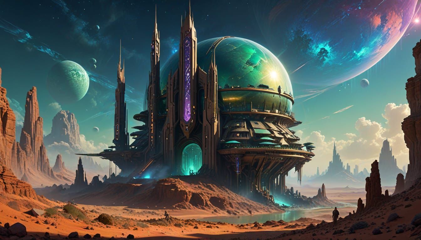 Epic Iridiumpunk Cityscape on Mars in Old Master Style