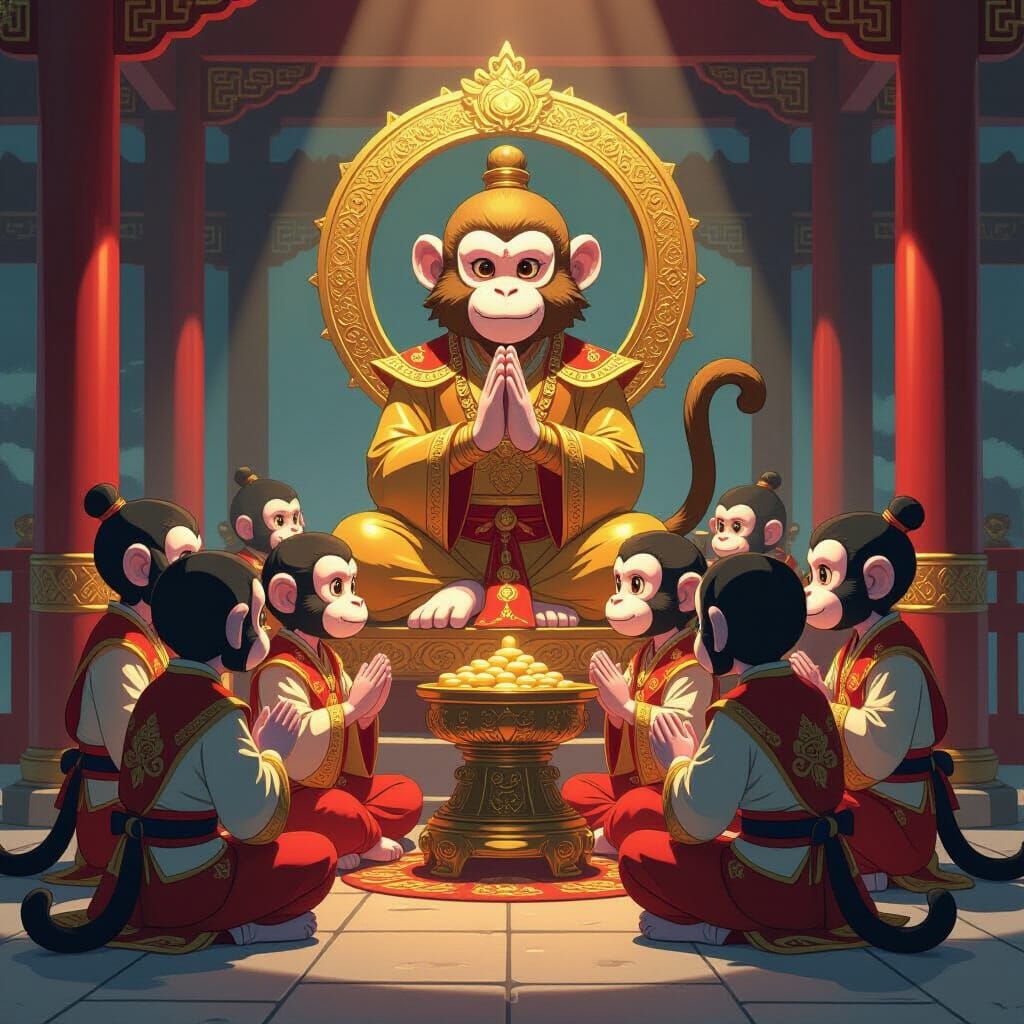 Monkeys Praying at Golden Shrine, Manga Style
