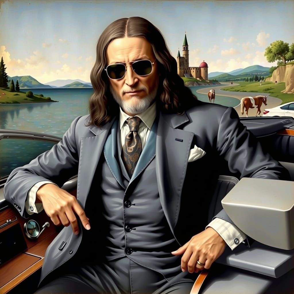 Da Vinci in Modern Suit and Convertible