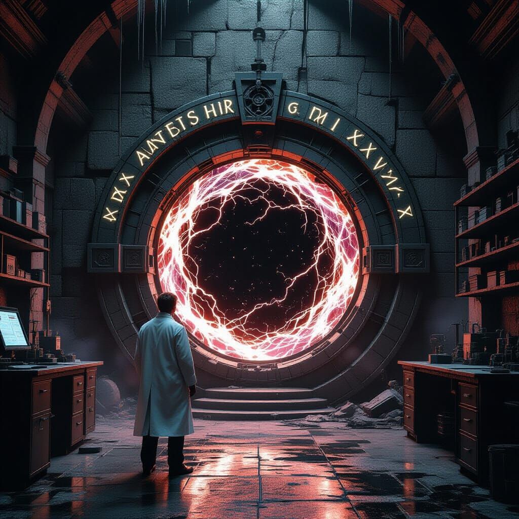 Technician Before Unstable Portal in Art Nouveau Style