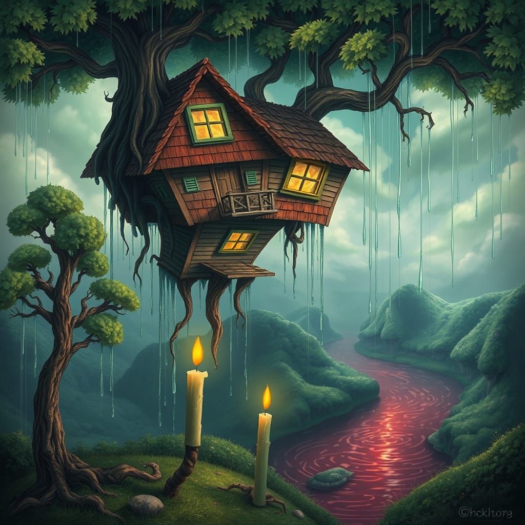 Gravity Defied: Whimsical Surrealist Scene