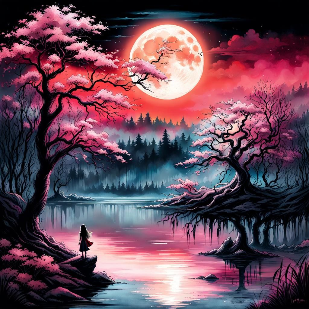 Foggy Lake Under Moon in Double Exposure Collage Art