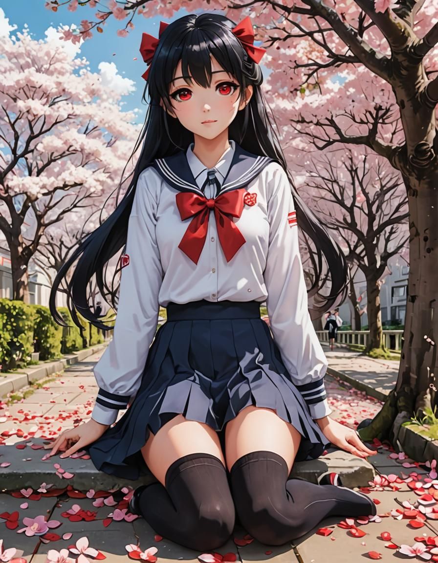 Anime Schoolgirl in Cherry Blossom Garden