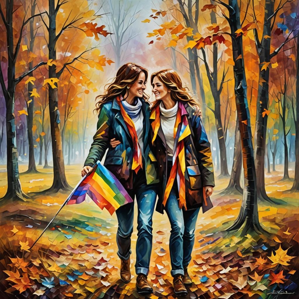 Happy Lesbian Couple in Autumn Park, Afremov Style