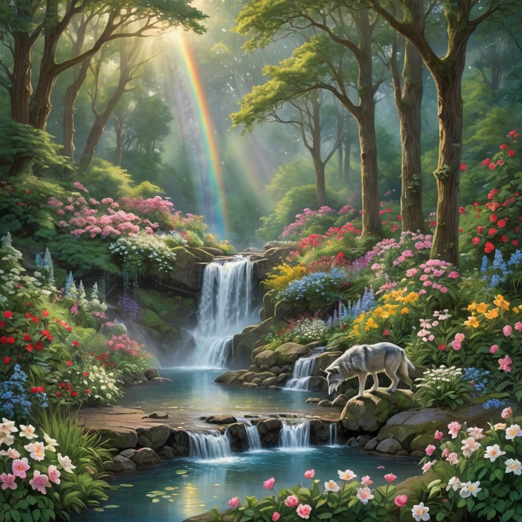 Enchanted Waterfall Scene with Wolf and Rainbow