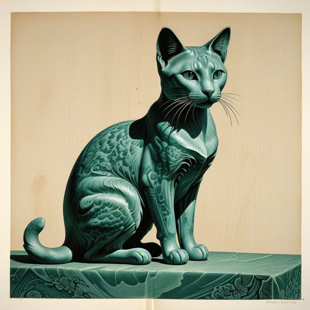 Ancient Woodcut Print of a Glabrous Jade Cat Idol