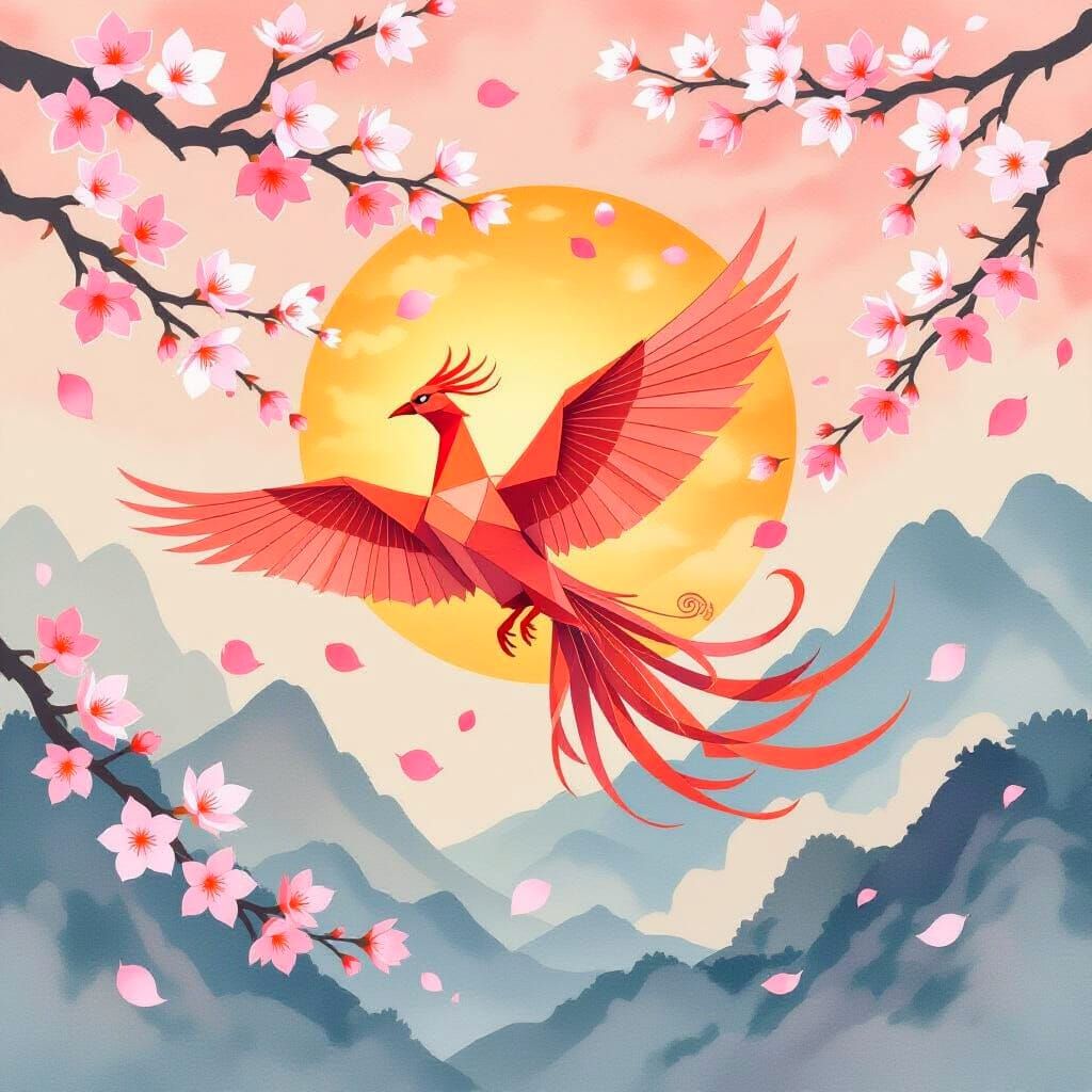 Origami Phoenix Soars Through Sakura Sky