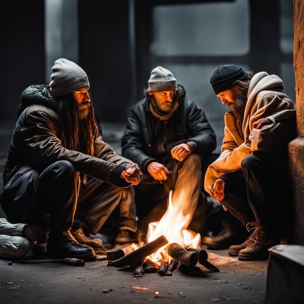 Homeless People Gathered Around Fire Underground