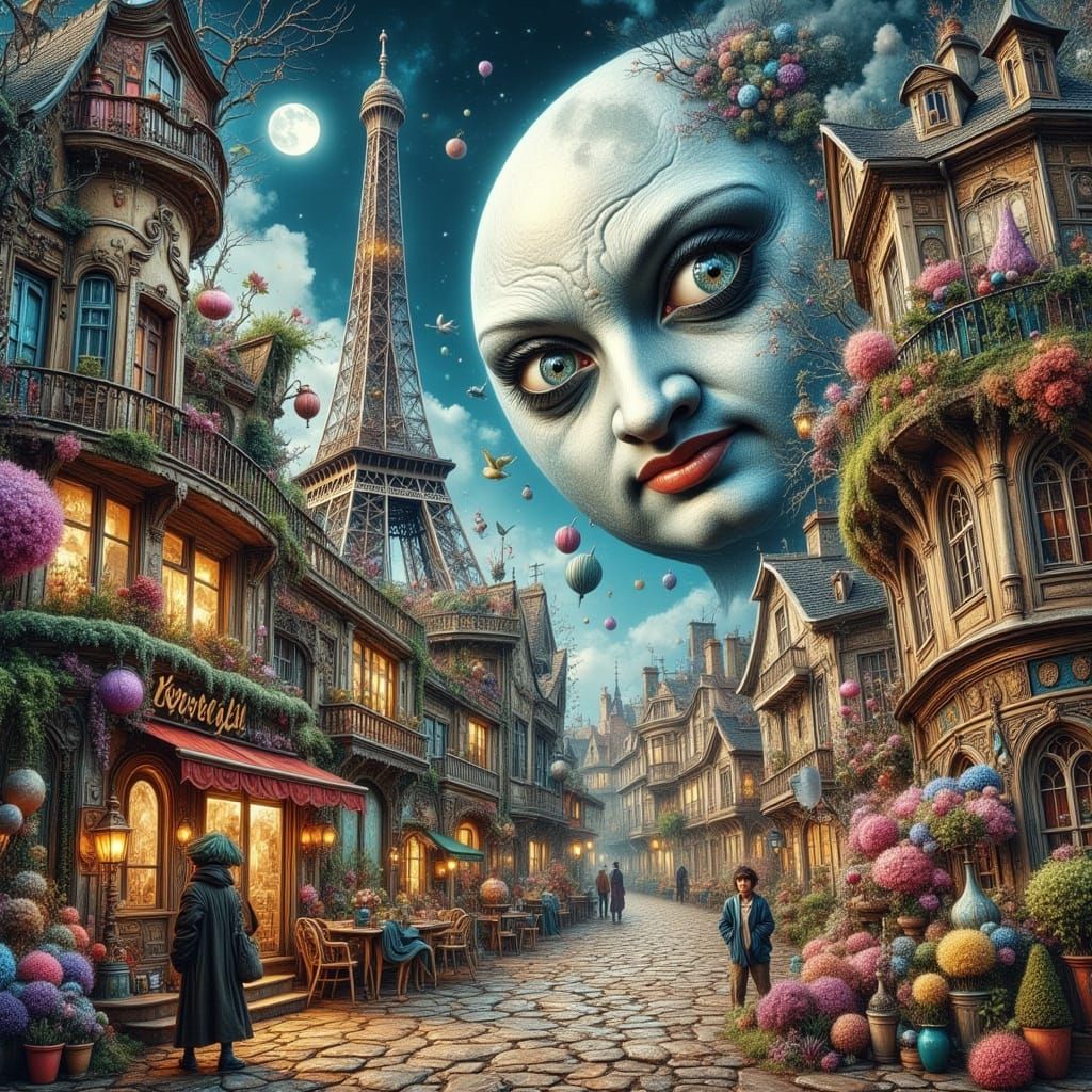 Whimsical Moon Over Paris in Burtonesque Style