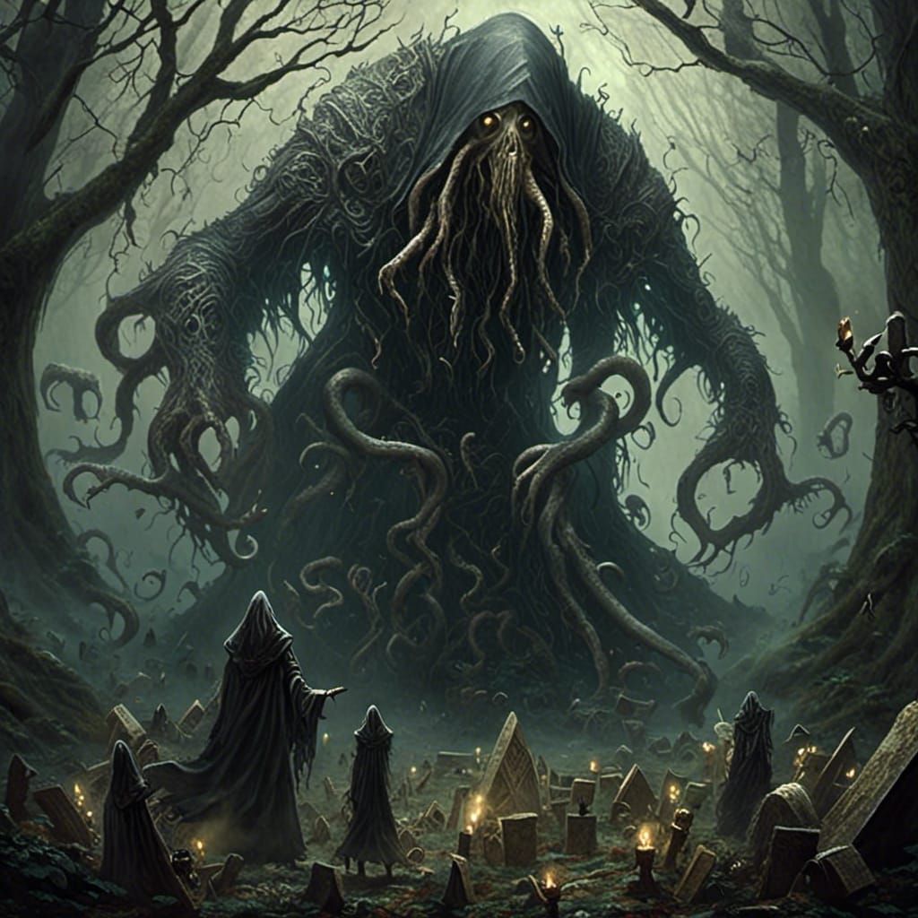 Lovecraftian Hooded Figure in Dark Forest