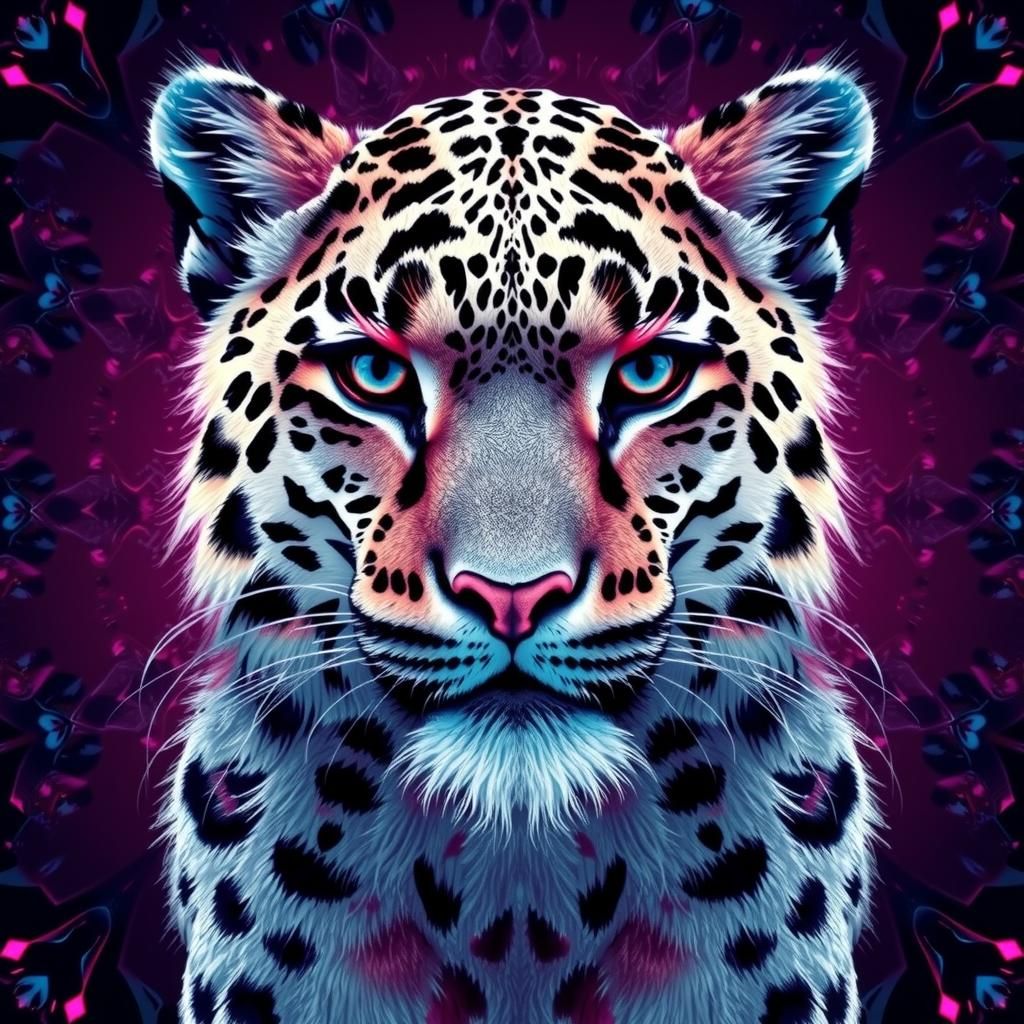 Sacred Geometry Snow Leopard in Red and Indigo