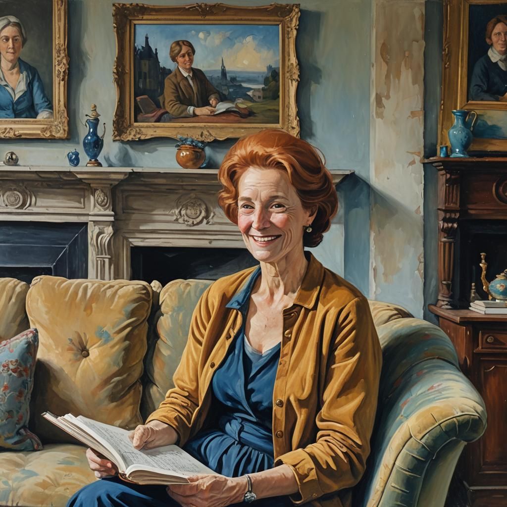 Woman Reading Newspaper by Fireplace, Oil Painting