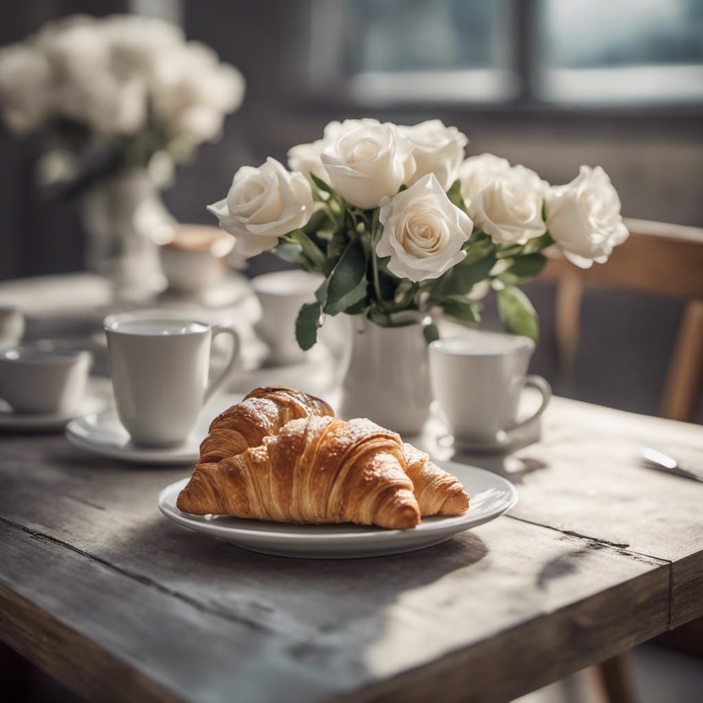 Morning Coffee with Croissant and Roses, Hyperrealistic