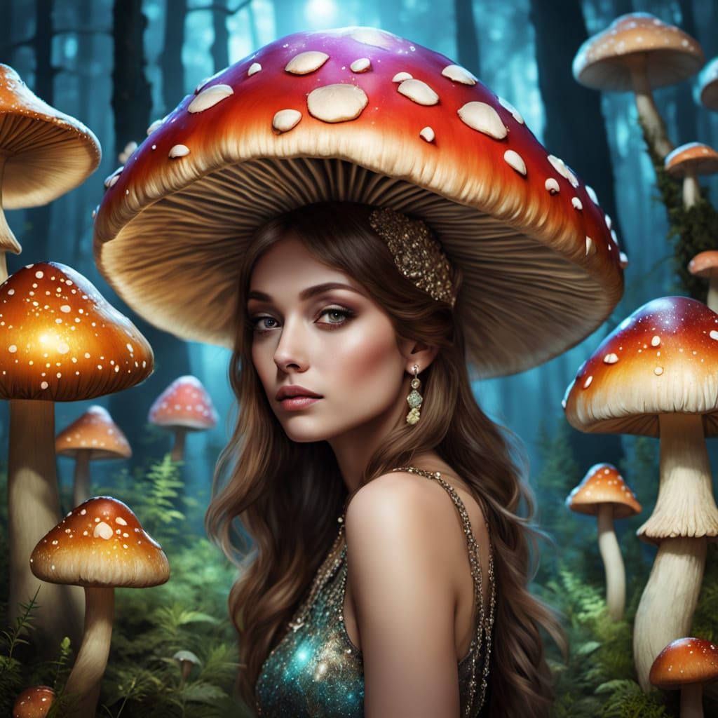 Ethereal Girl in Enchanted Mushroom Forest