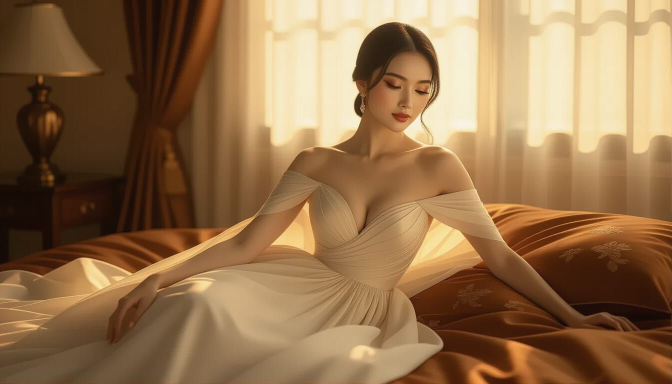 Elegant Thai Woman in Sheer Gown on Luxurious Bed