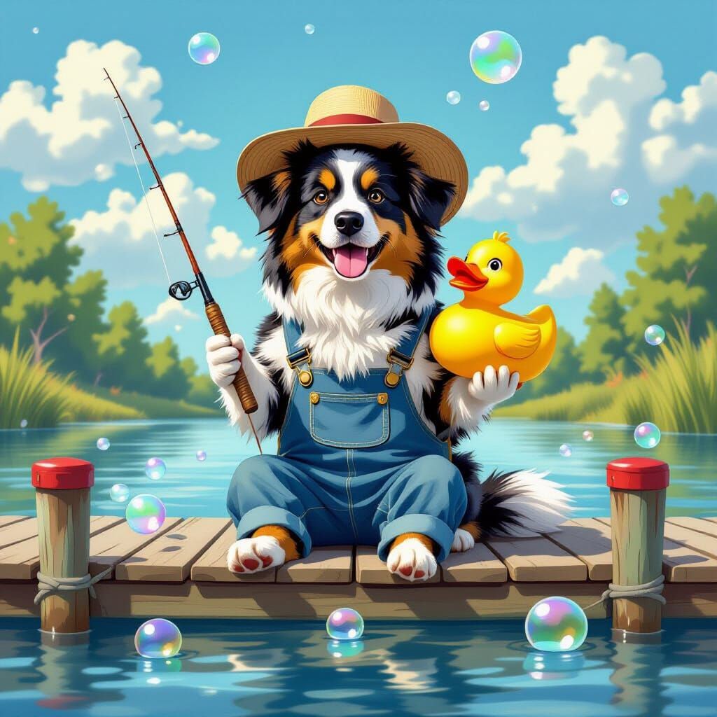 Australian Shepherd Fisherman with Giant Rubber Duck