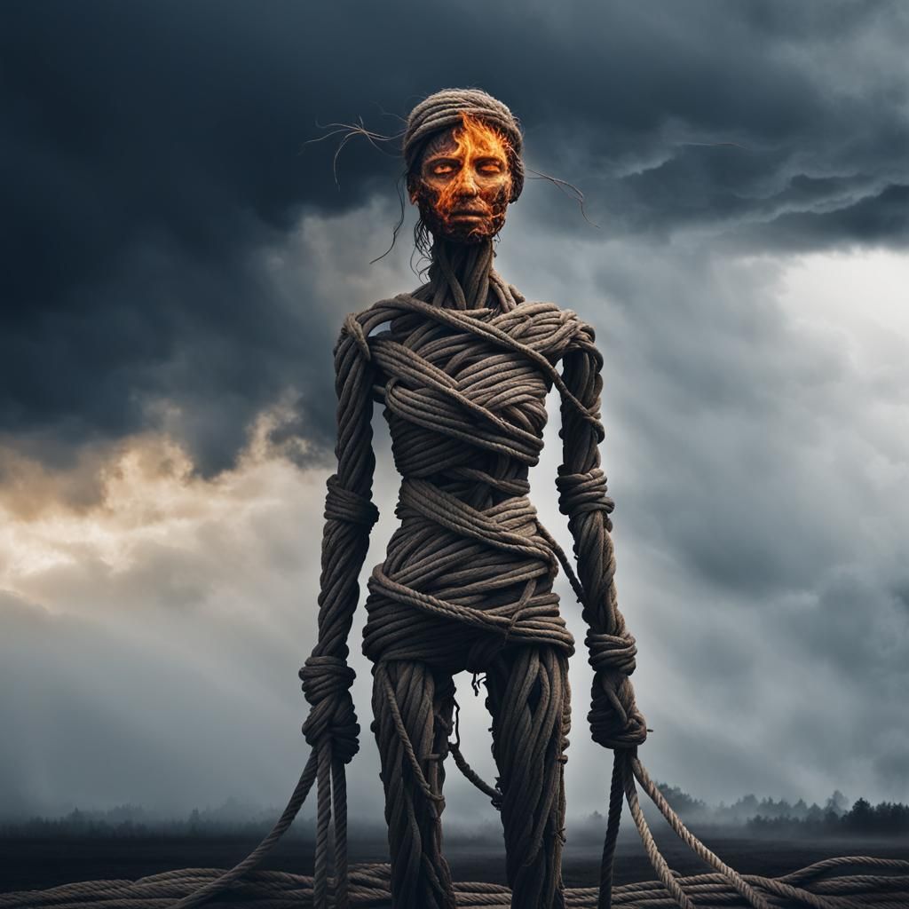 Rope Woman Ablaze in Stormy Skies