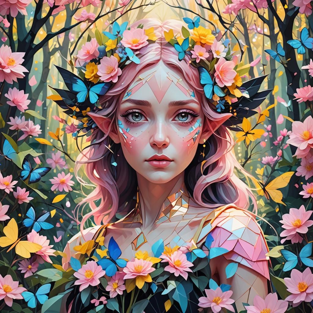 Blooming Spring Fae in Mystical Forest: Low-Poly Art