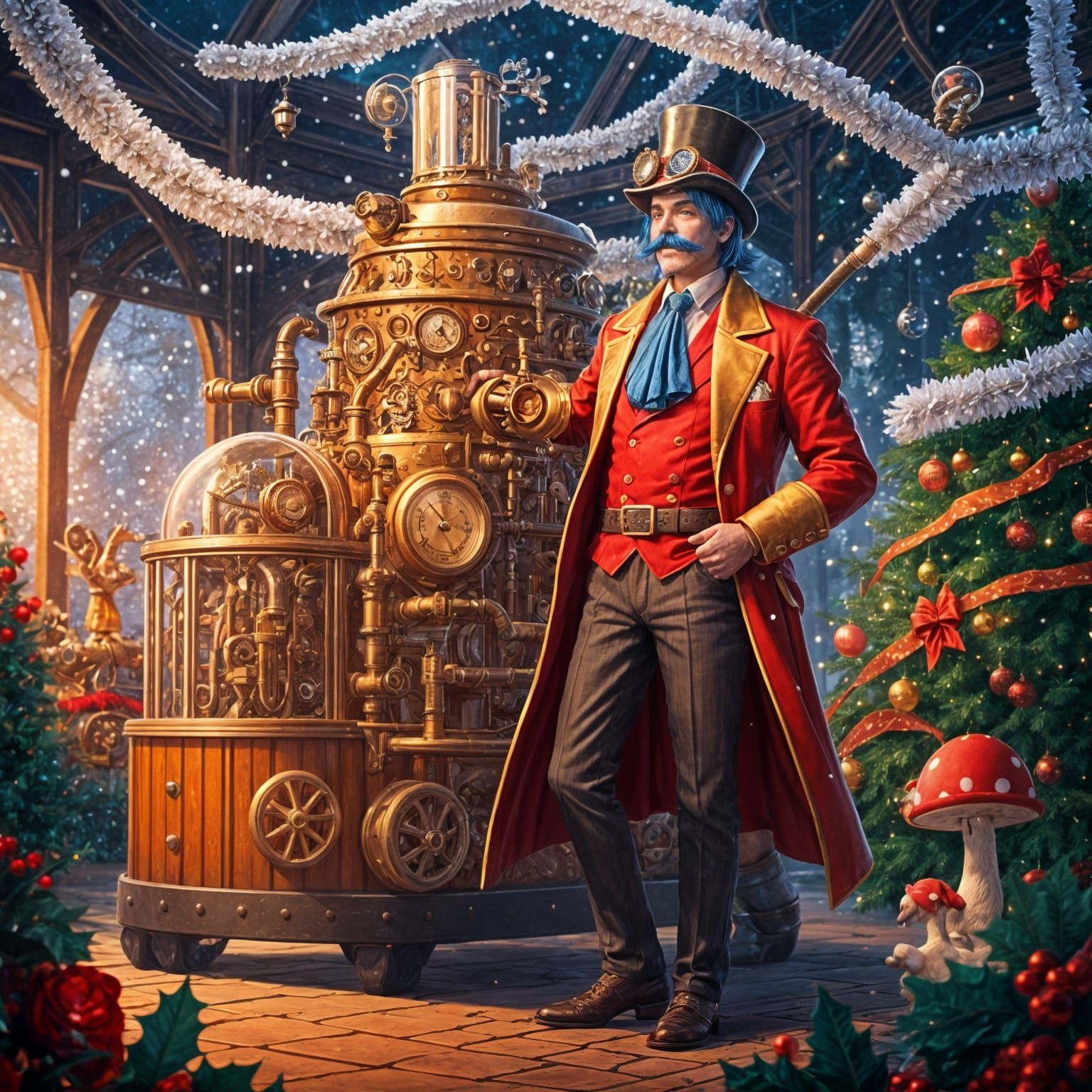 Steampunk Inventor Surrounded by Whimsical Tinsel Confetti