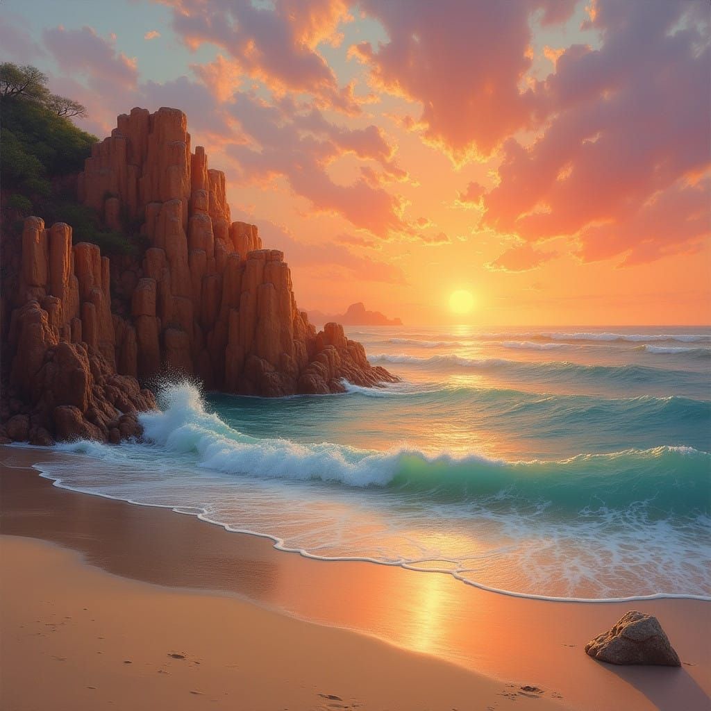 Sunrise Beachscape with Vibrant Hues and Soft Light