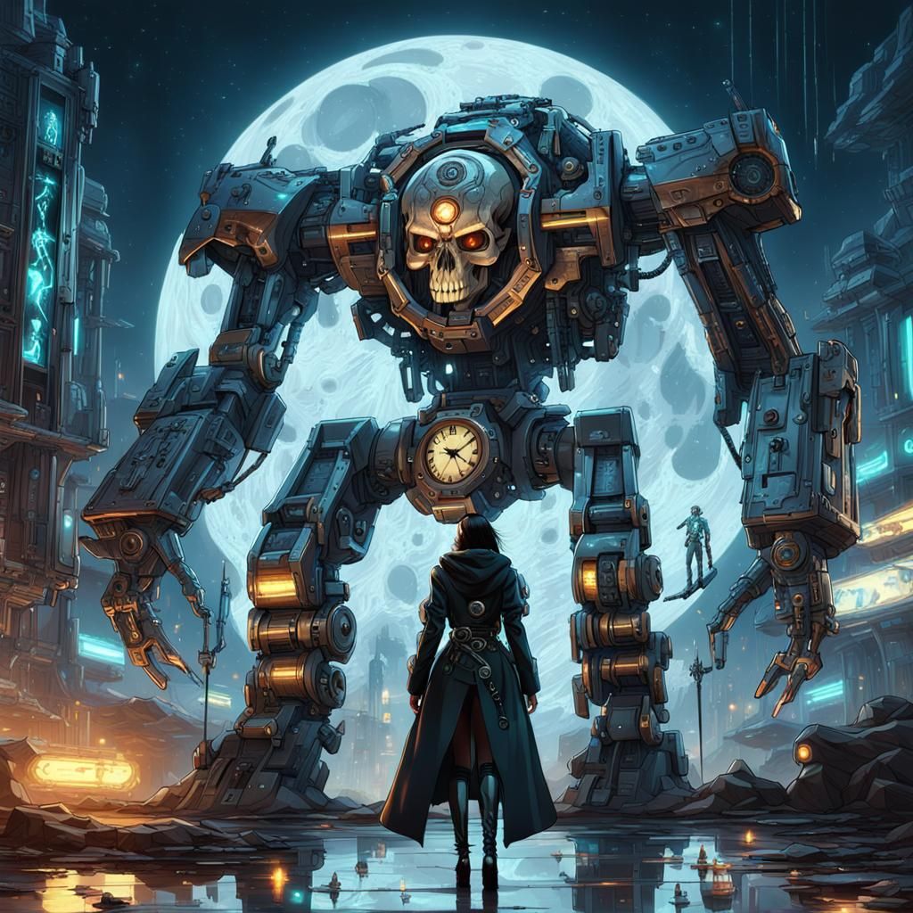 Girl and Clockwork Mech in Cyberpunk Style