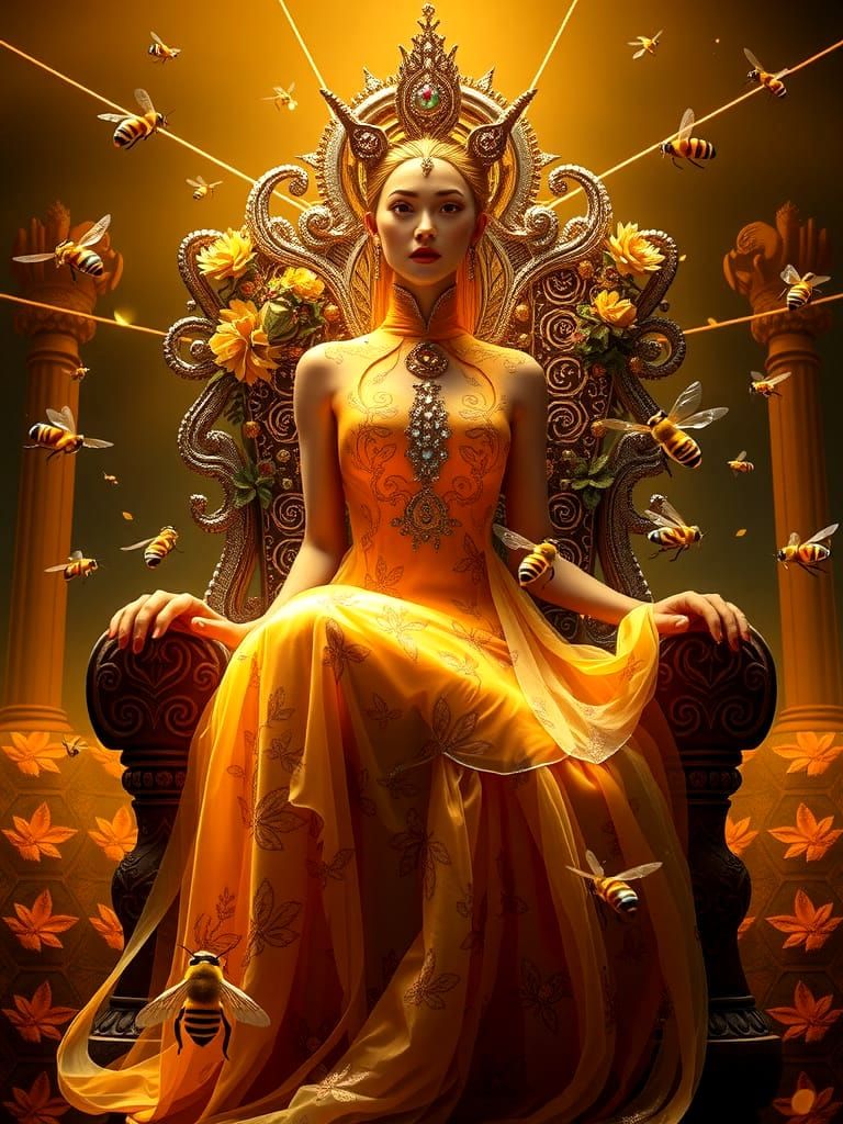 Regal Bee Queen Reigns Over Elegantly Crafted Hive Throne