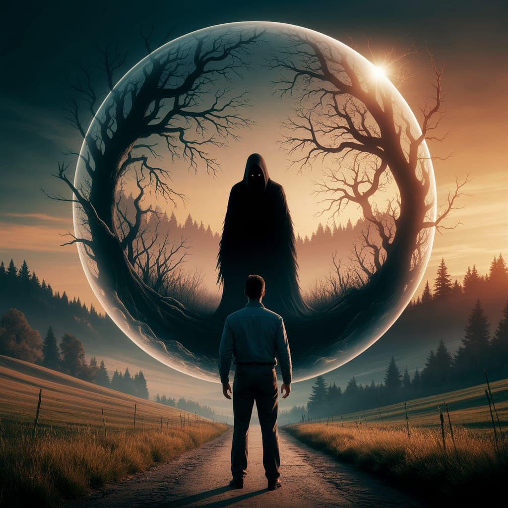 A Man Contemplates a Haunting, Golden-Lit Bubble Scene