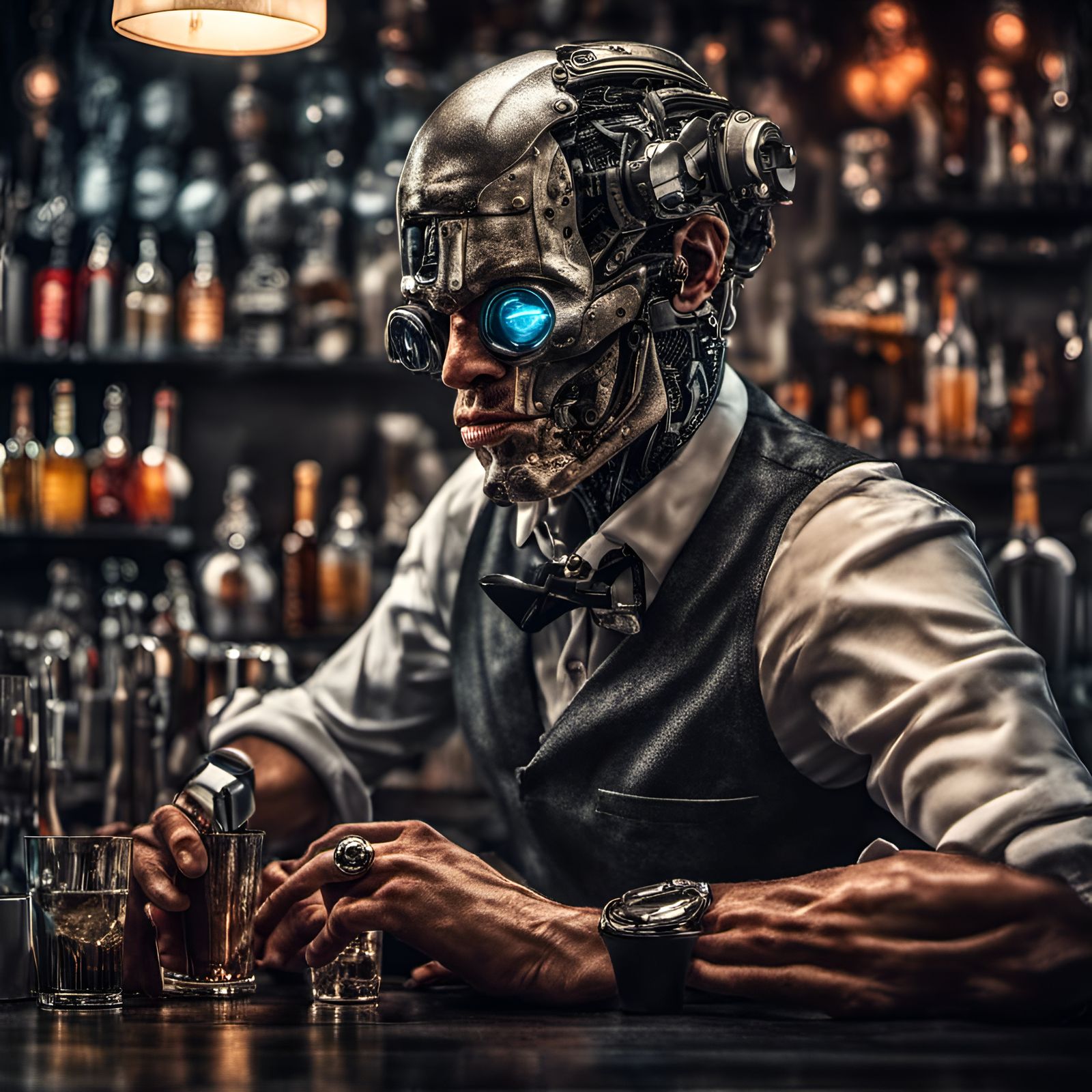 Hyperrealistic Cyborg Bartender in High Definition