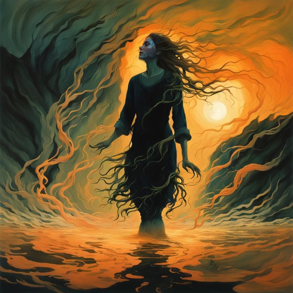 Drowning Woman Portrait in Bleak Dark Water