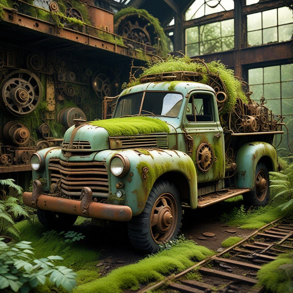 Surreal Clockwork Garden Overgrown with Moss and Vines