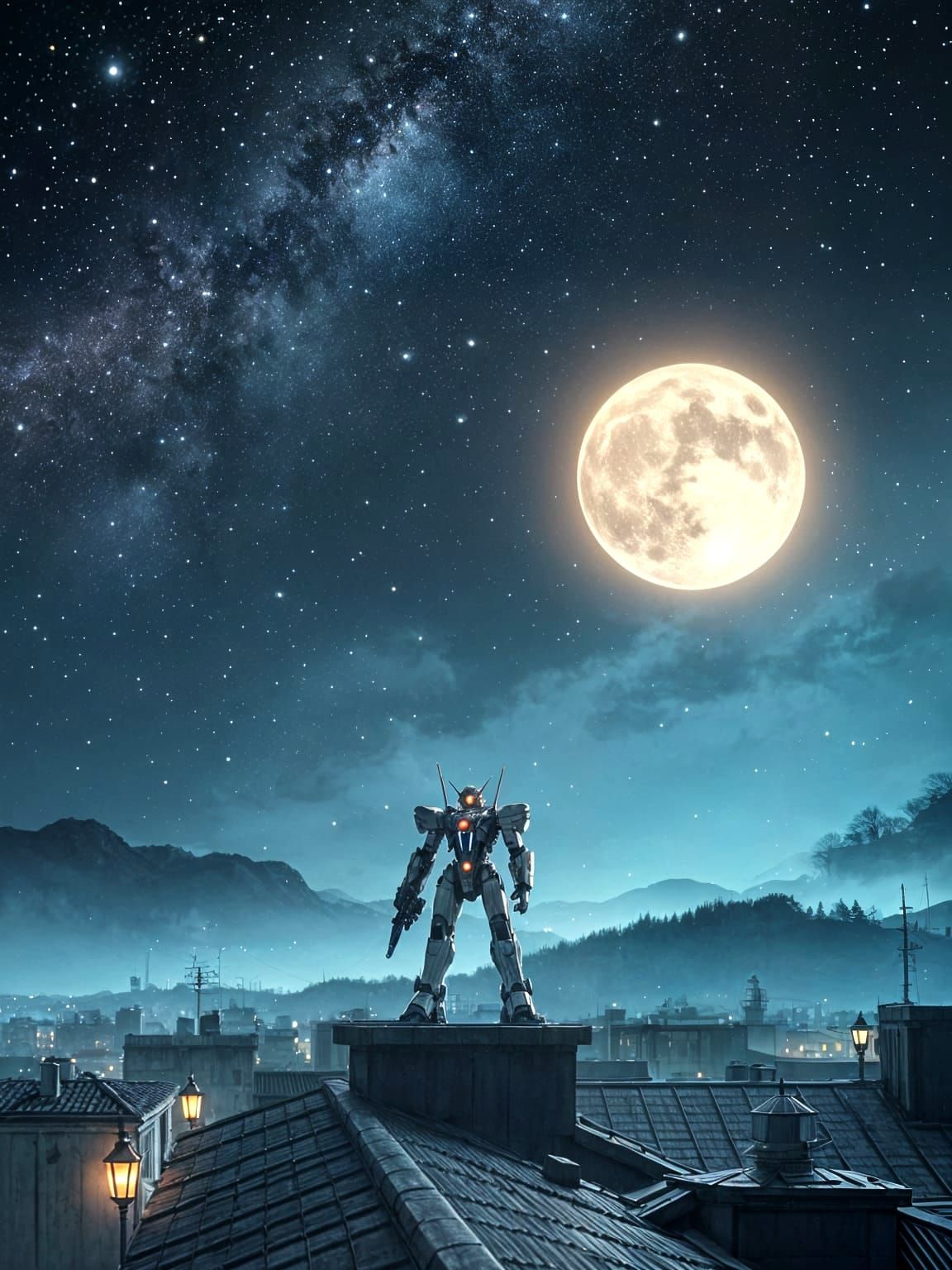 A contemplative anime-style mecha