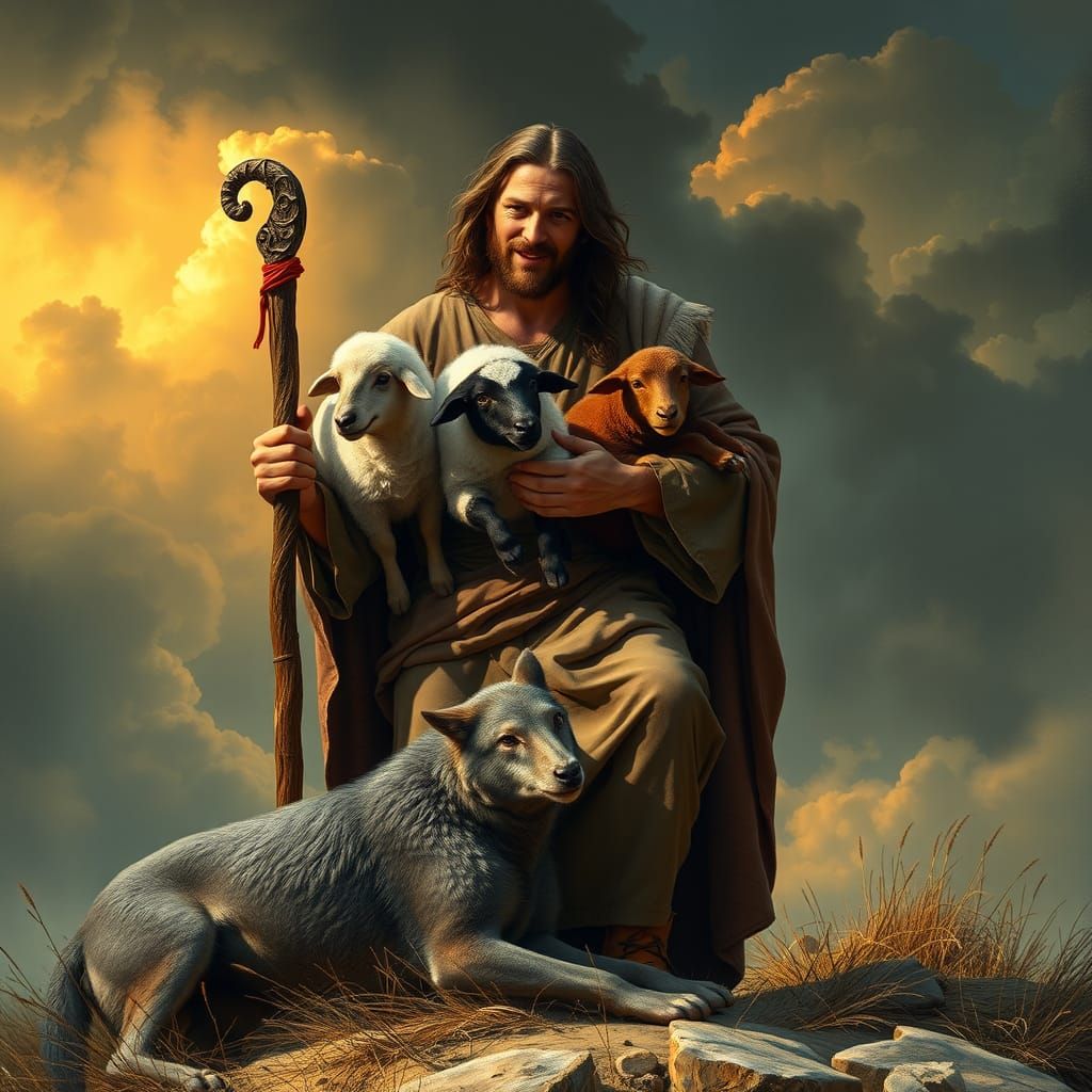Jesus the Shepherd with Sheep and Wolf